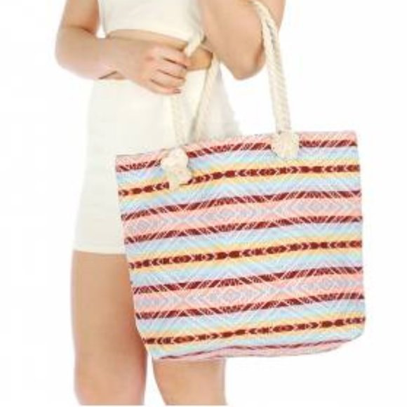 CODE LOVE Rope Handle Beach Tote Large Ikiet Multi Blue Canvas Bag - Picture 3 of 8